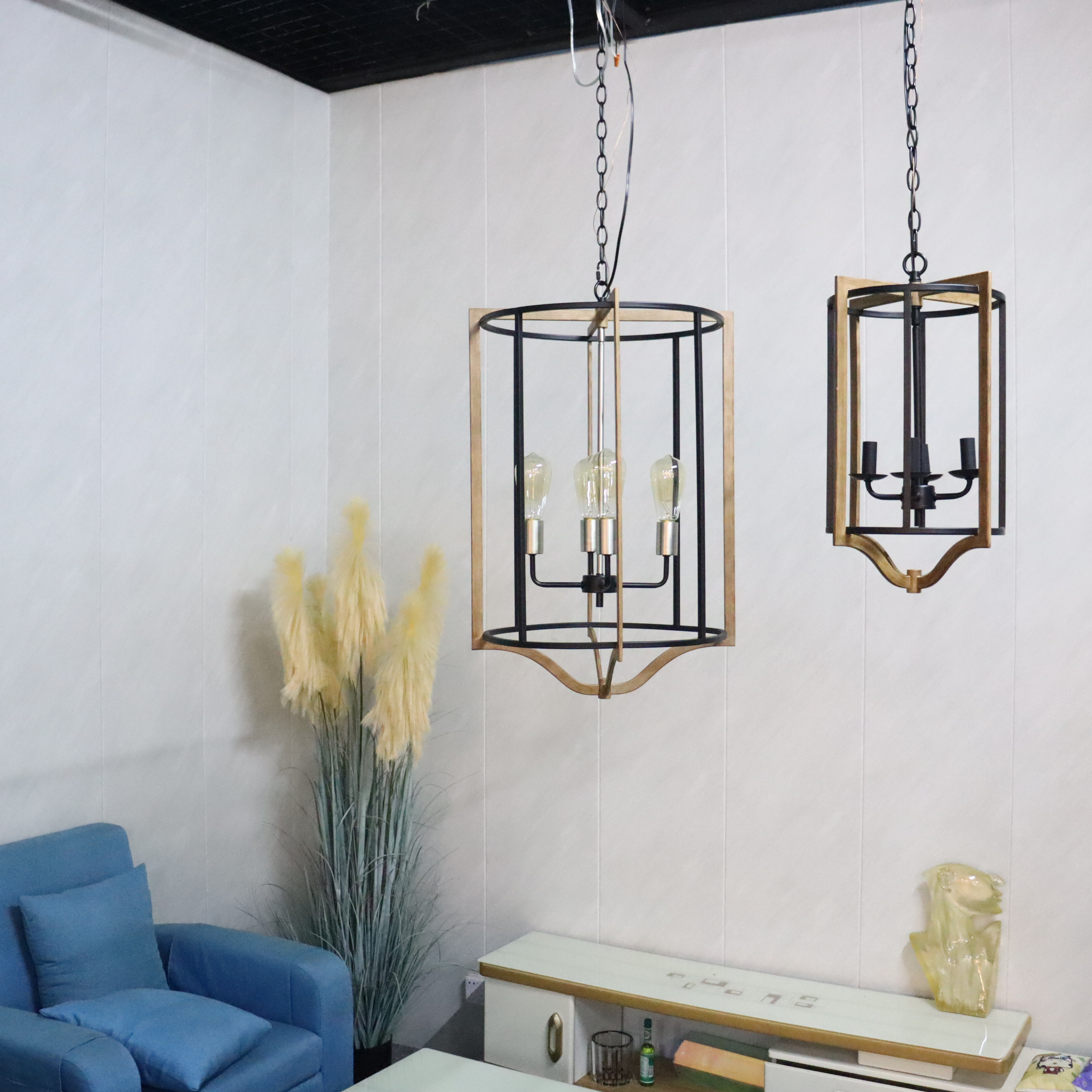 American retro industrial style square birdcage iron glass Nordic creative personality bar counter living room dining room chandelier