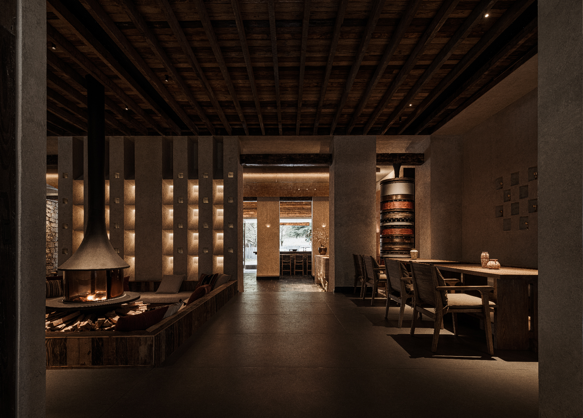 Dark Matte Tiles: The Cozy Backdrop of a Rustic-Chic Lounge}