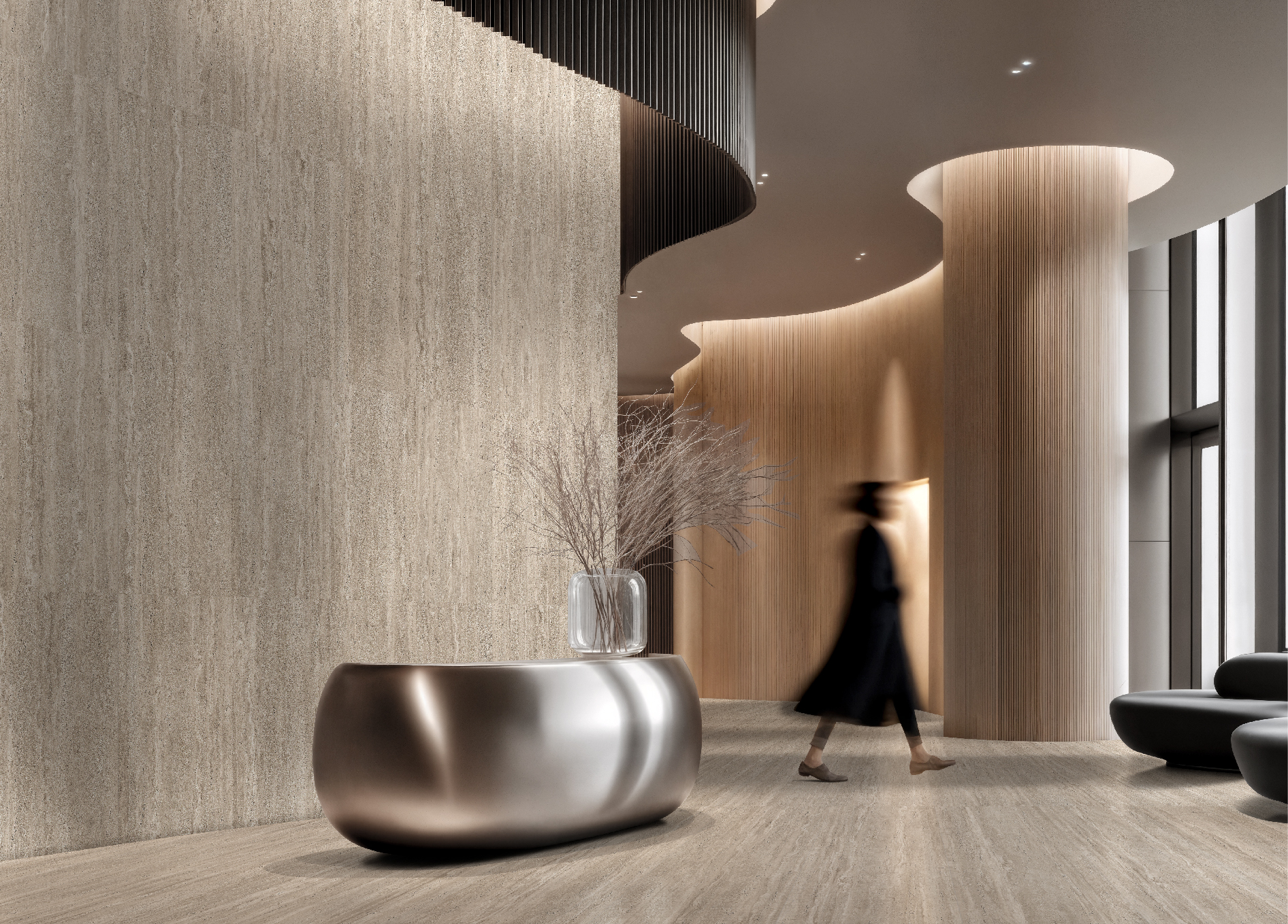 Travertine Look Tiles: The Warm Backdrop of a Sleek Modern Lobby}