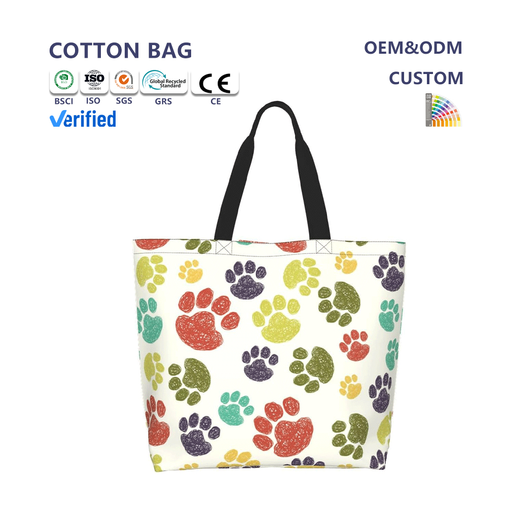 Large Capacity Cute Puppy Kitten Paw Print Cotton Bag High Quality Cotton Strong and Durable Tote Bag Shopping Out Travelling