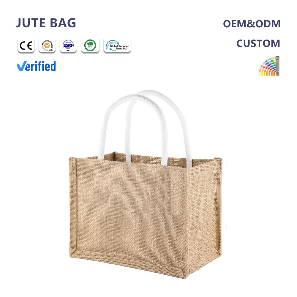 Custom Sublimation Printing logo Reusable Burlap Handbag Jute Portable Shopping Gift Bag Women Waterproof Retro Linen Tote Bag