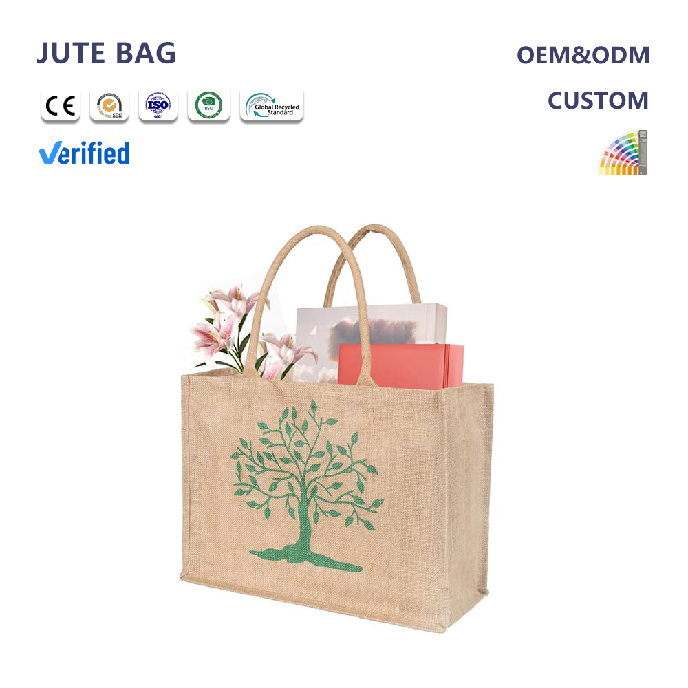 Portable Burlap Jute Shopping Bag Handbag Bamboo Loop Handles Tote Retro Diy Bag Handbag Women Big Size Beach Bag for Girls