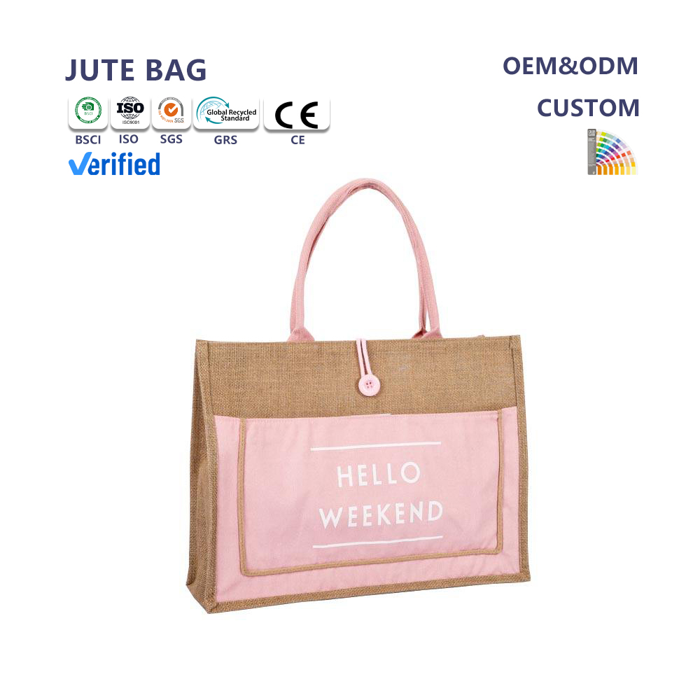 Wholesale Linen Natural Shopping Jute Tote Bag for Gift Packaging With Front Canvas Pocket