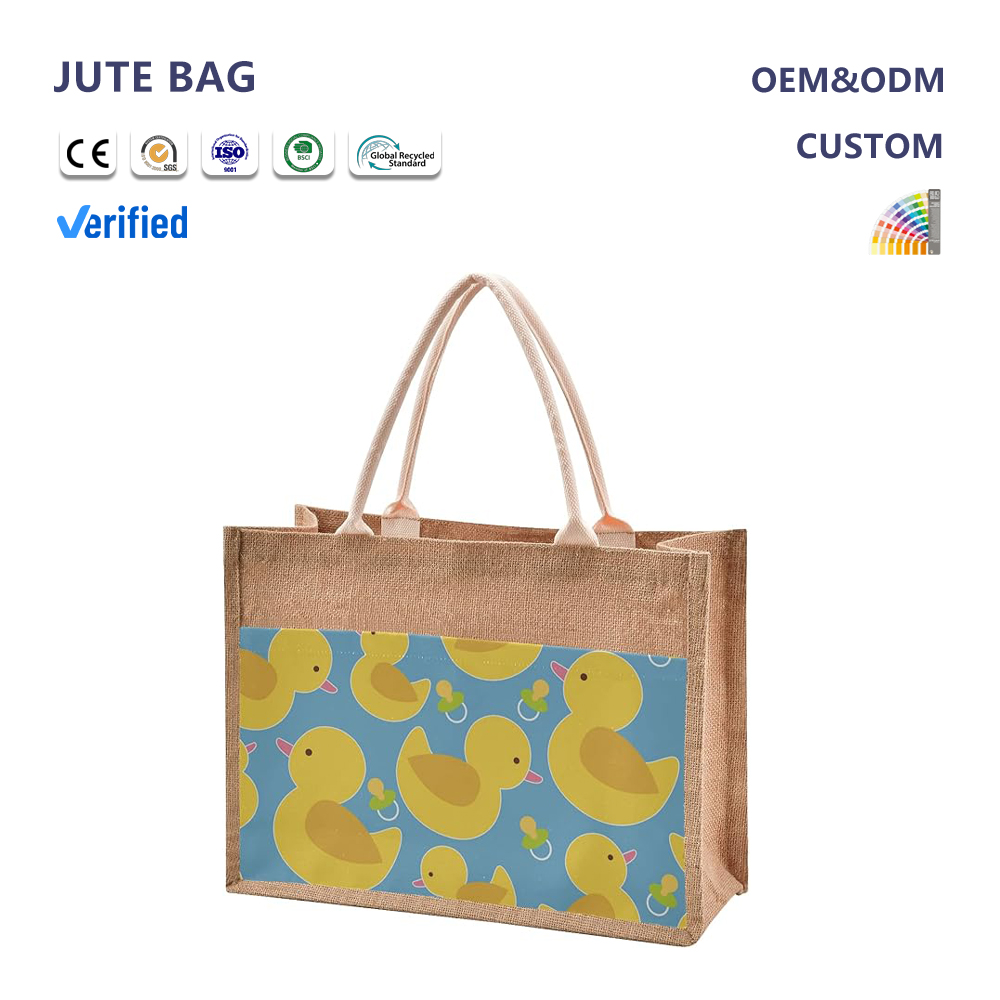 Wholesale Jute Tote Bag Custom Logo Reusable Grocery Gift Handbag Eco Friendly Recycle Jute Shopping Bags With Front Pocket