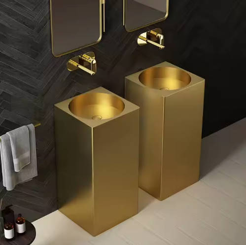 Freestanding Stainless Steel Square Shape Bathroom Gold Color Pedestal Wash Basin